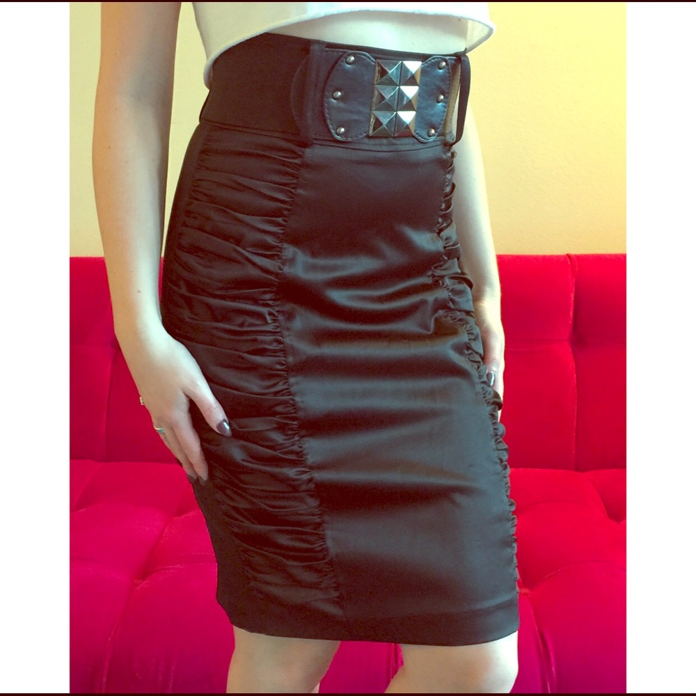 Black satin ruffled high waist pencil skirt size S